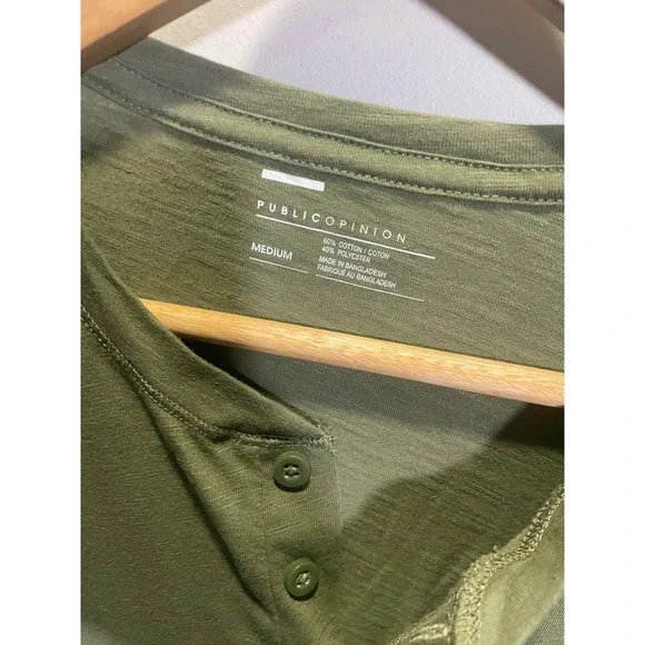 Public Opinion Mens Long Sleeve Henley Shirt Olive Green Slub Cotton Blend M - Picture 3 of 4